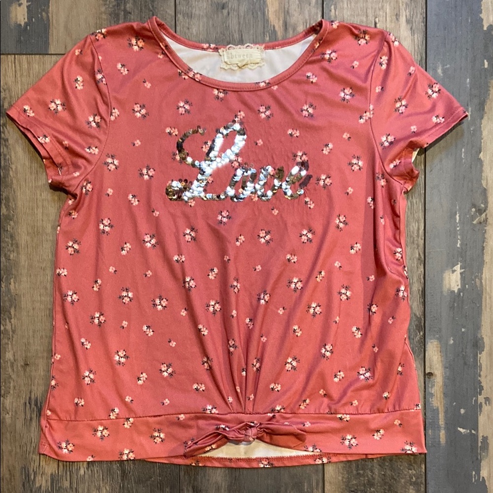 Btween Girls Floral Top T-Shirt Short-sleeve Shirt Sequin Dusty Pink Sz 14 Cute